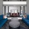 a lounge with blue couches