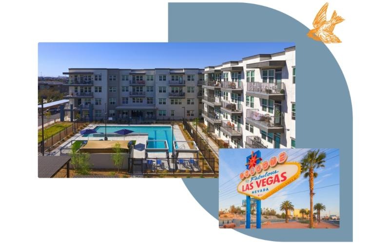 The essence of exceptional living a building with a pool and the Las Vegas sign